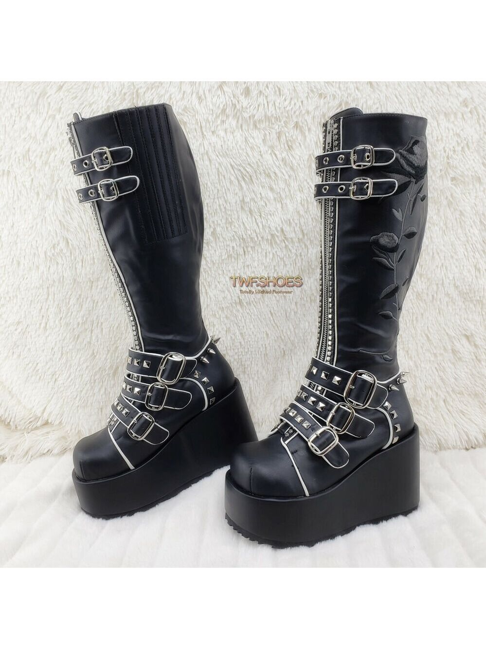 NIB DEMONIA Concord Black Platform Rose Goth Studded Knee Boots 4" Wedge - Picture 4 of 12